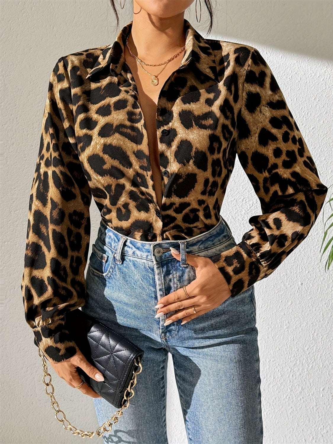 Leopard Collared Neck Long Sleeve Shirt-TOPS / DRESSES-[Adult]-[Female]-Caramel-S-2022 Online Blue Zone Planet