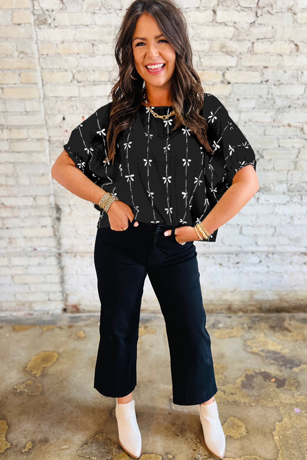 Black Bow Print Puff Short Sleeve Top-Tops/Blouses & Shirts-[Adult]-[Female]-2022 Online Blue Zone Planet