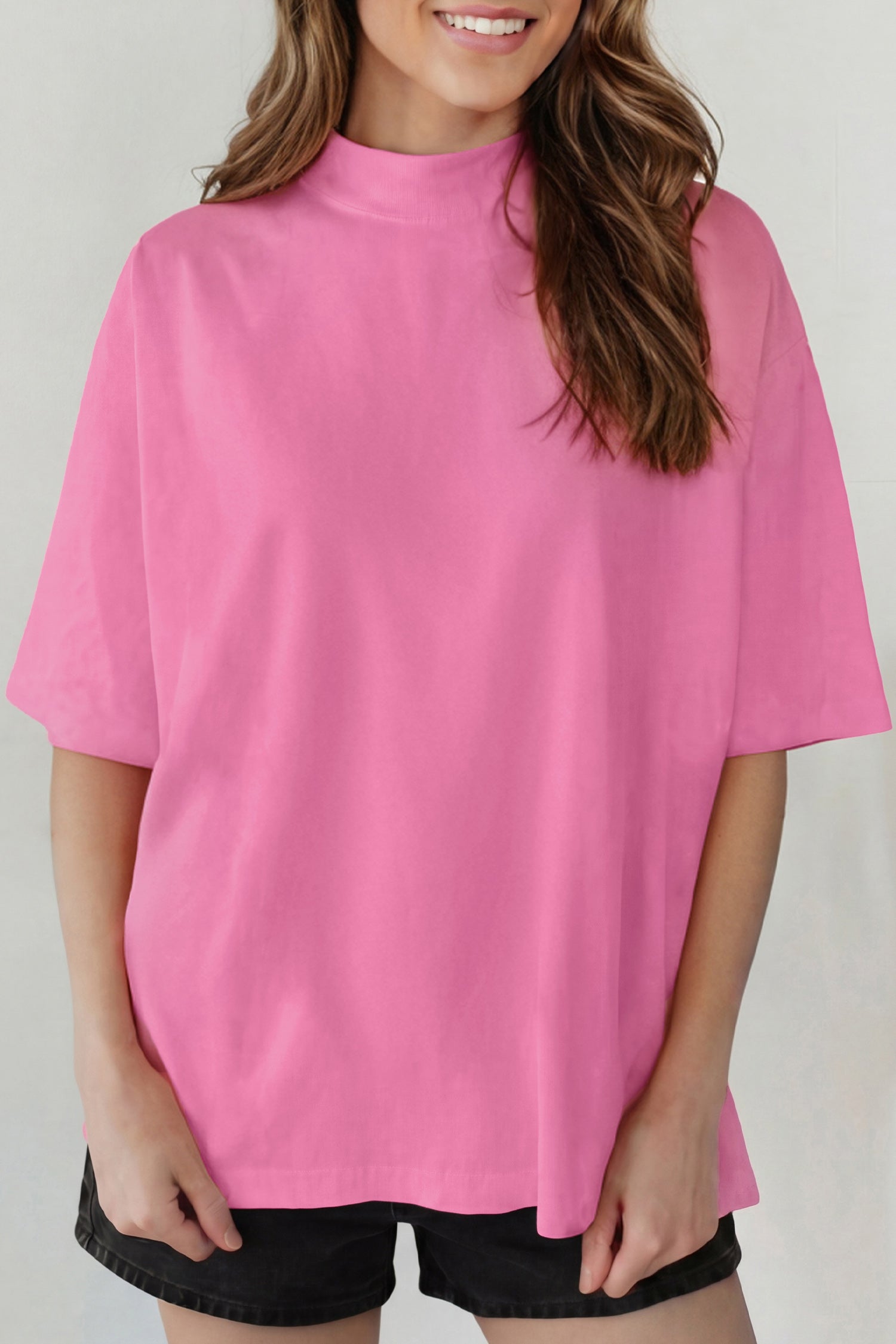 Pink Solid Color High Neck Oversize Tee-Tops/Tops & Tees-[Adult]-[Female]-2022 Online Blue Zone Planet