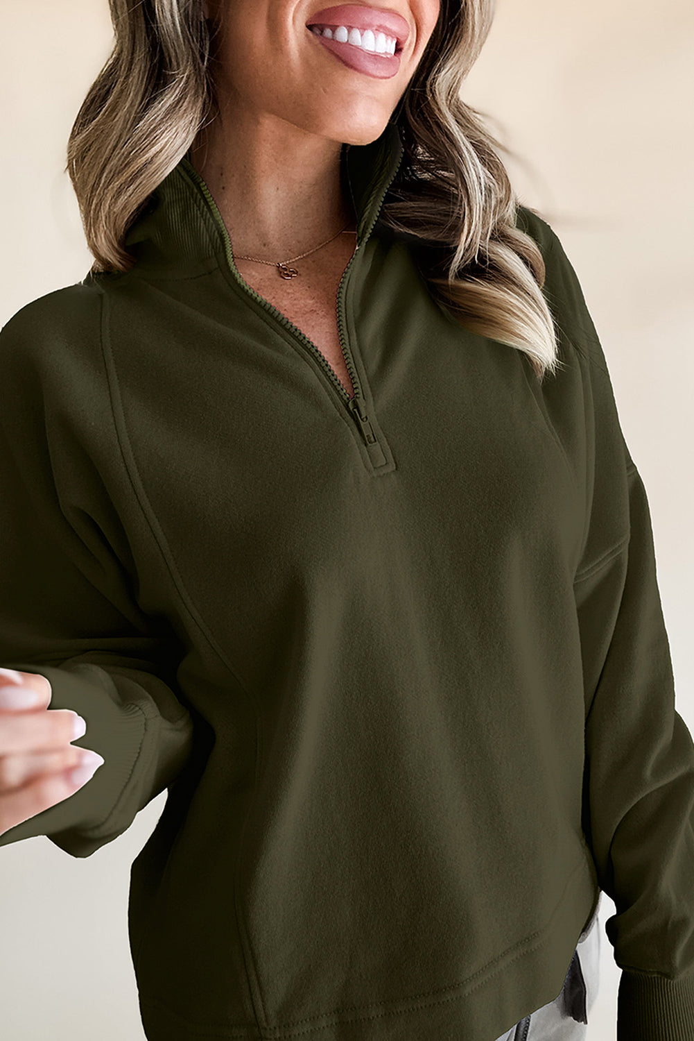 Smoke Gray Zipped Neck Pullover Drop Shoulder Sweatshirt-Tops/Sweatshirts & Hoodies-[Adult]-[Female]-2022 Online Blue Zone Planet