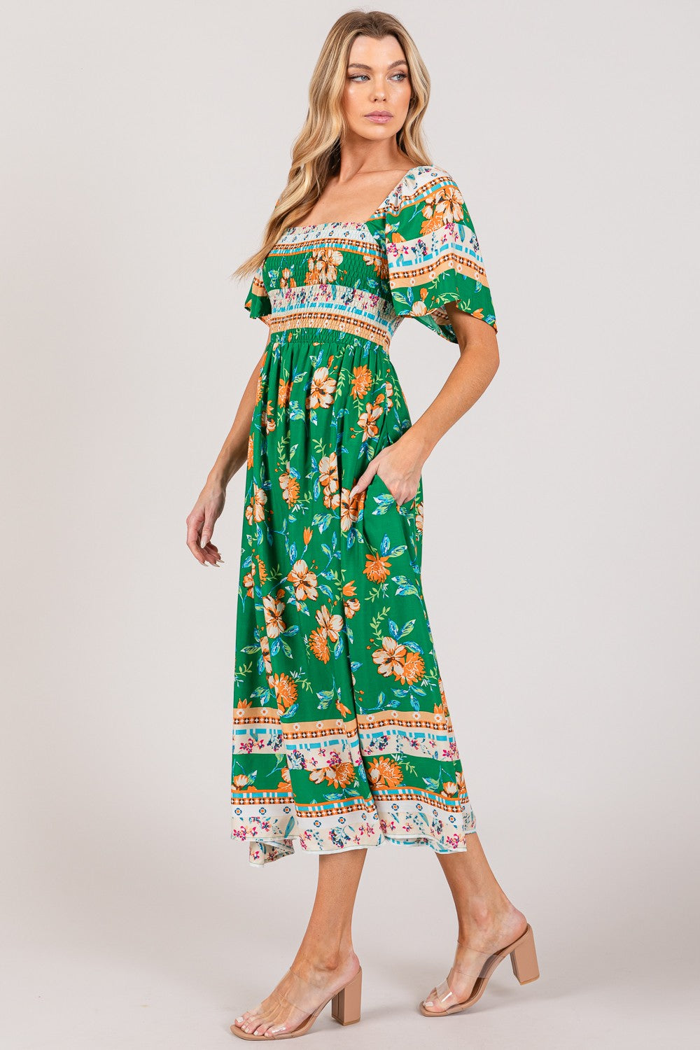 SAGE + FIG Printed Smocked Short Sleeve Midi Dress-TOPS / DRESSES-[Adult]-[Female]-2022 Online Blue Zone Planet