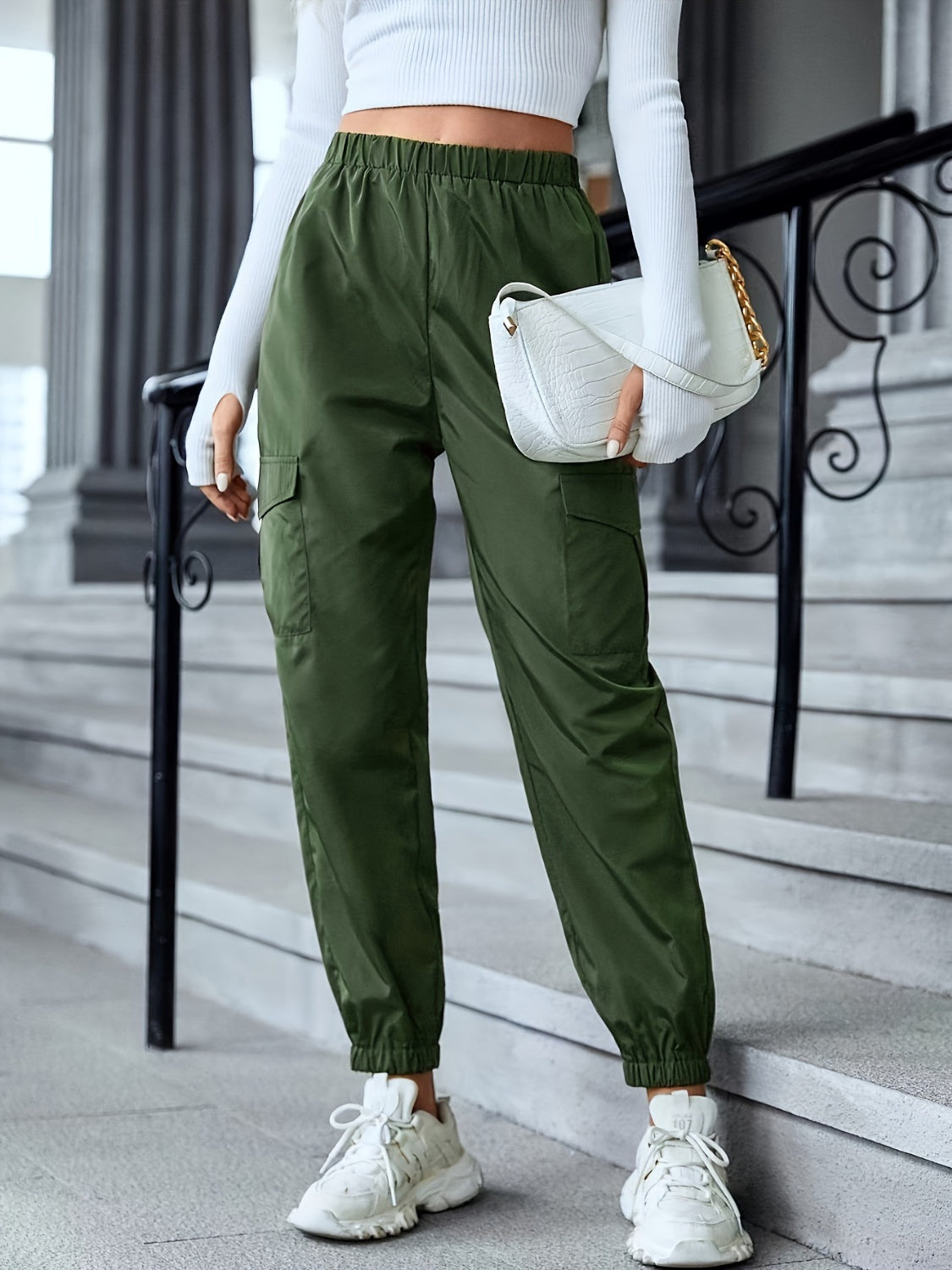 Full Size Elastic Waist Pants with Pockets-BOTTOMS SIZES SMALL MEDIUM LARGE-[Adult]-[Female]-Army Green-S-2022 Online Blue Zone Planet