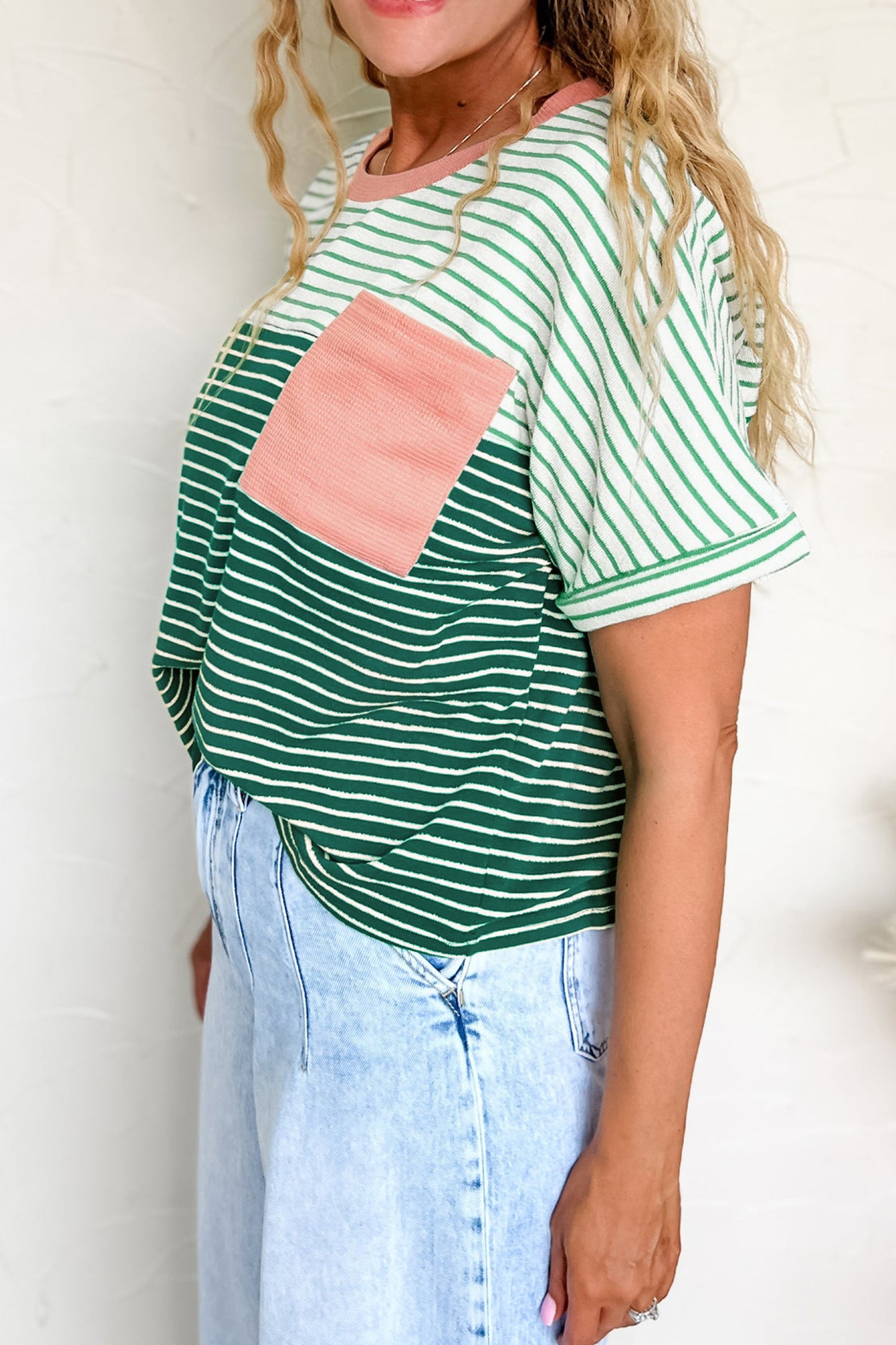 Green Stripe Contrast Print Color Block Detail Relaxed Tee-Tops/Tops & Tees-[Adult]-[Female]-2022 Online Blue Zone Planet