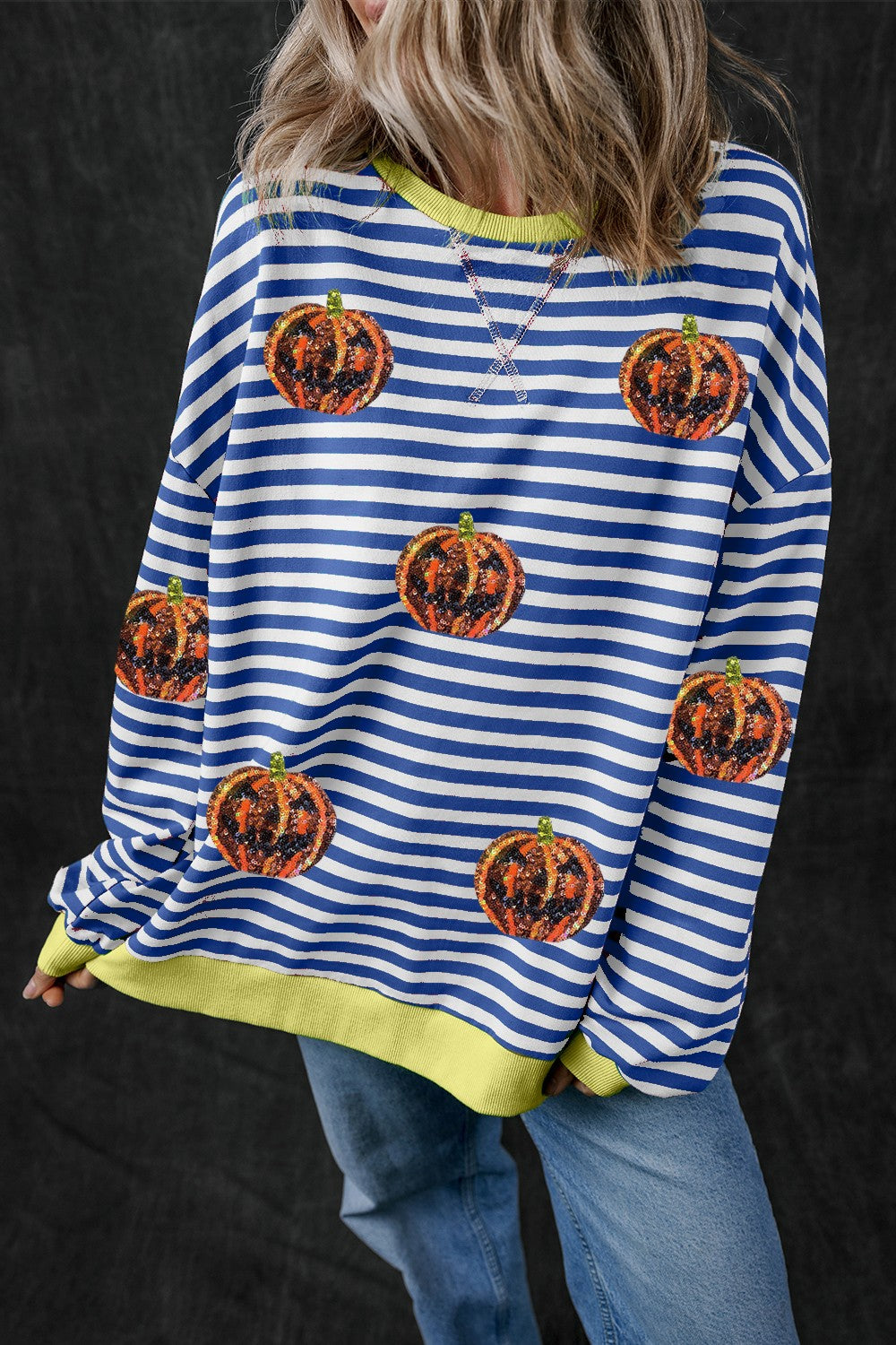 Pumpkin Striped Round Neck Long Sleeve Sweatshirt-TOPS / DRESSES-[Adult]-[Female]-Navy-S-2022 Online Blue Zone Planet