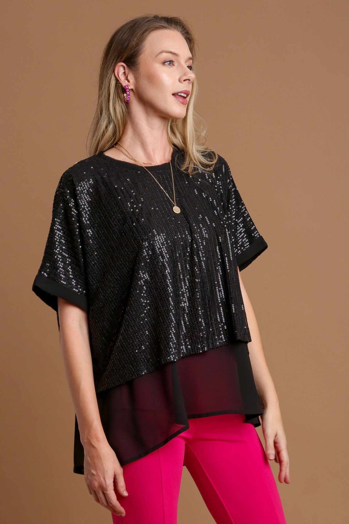 Umgee Sequin Half Sleeve Layered Blouse-TOPS / DRESSES-[Adult]-[Female]-Black-S-2022 Online Blue Zone Planet