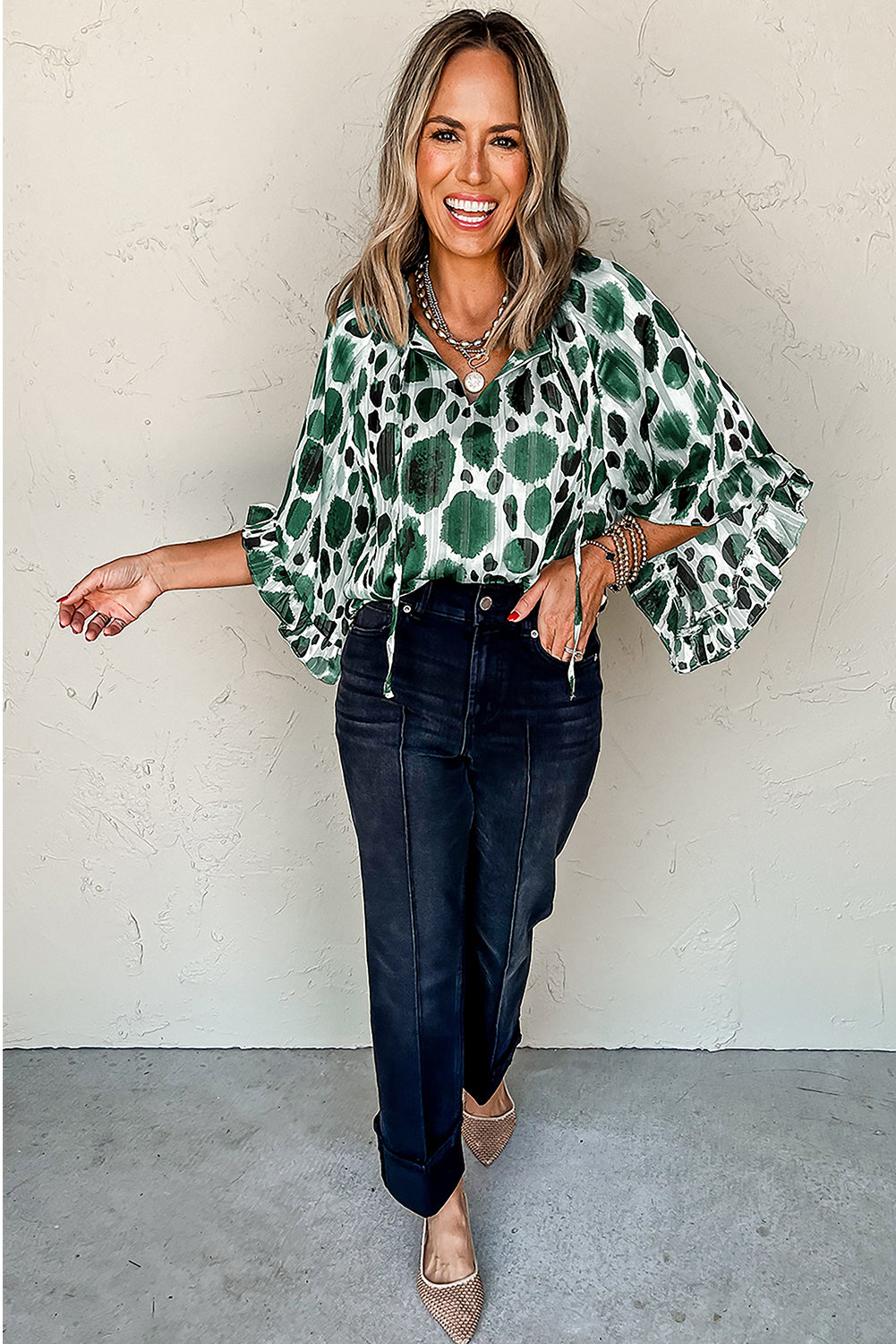 Green Metallic Threading Accents Pleated Abstract Printed Ruffled 3/4 Sleeve Blouse-Tops/Blouses & Shirts-[Adult]-[Female]-2022 Online Blue Zone Planet