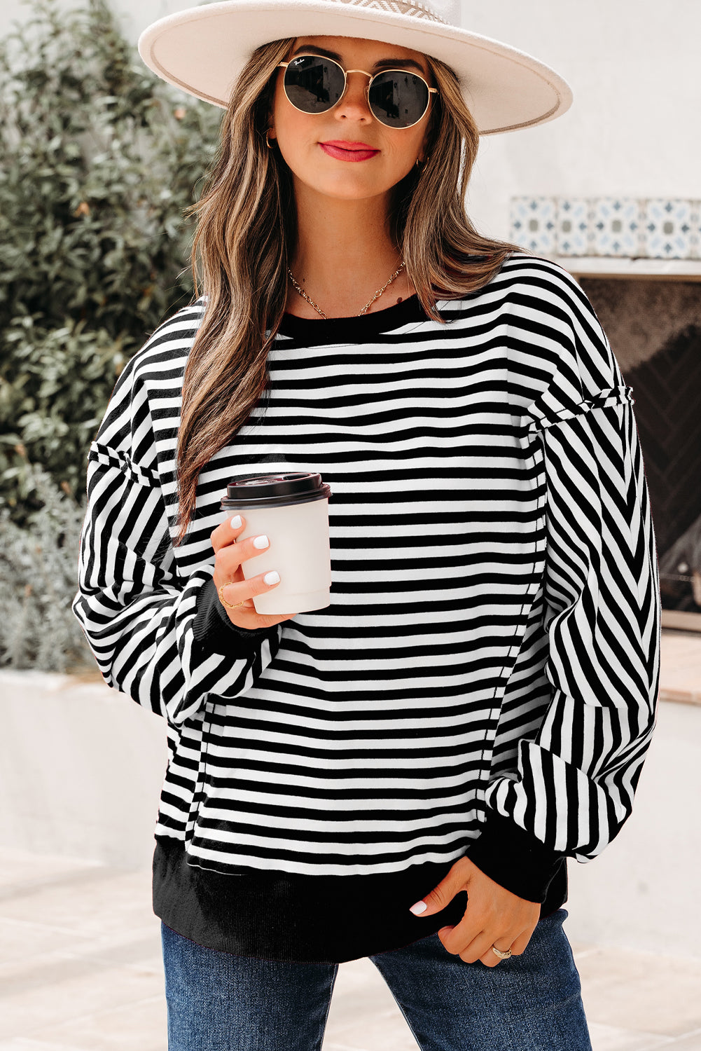 Black Stripe Exposed Seam Drop Shoulder Casual Pullover Top-Tops/Long Sleeve Tops-[Adult]-[Female]-2022 Online Blue Zone Planet