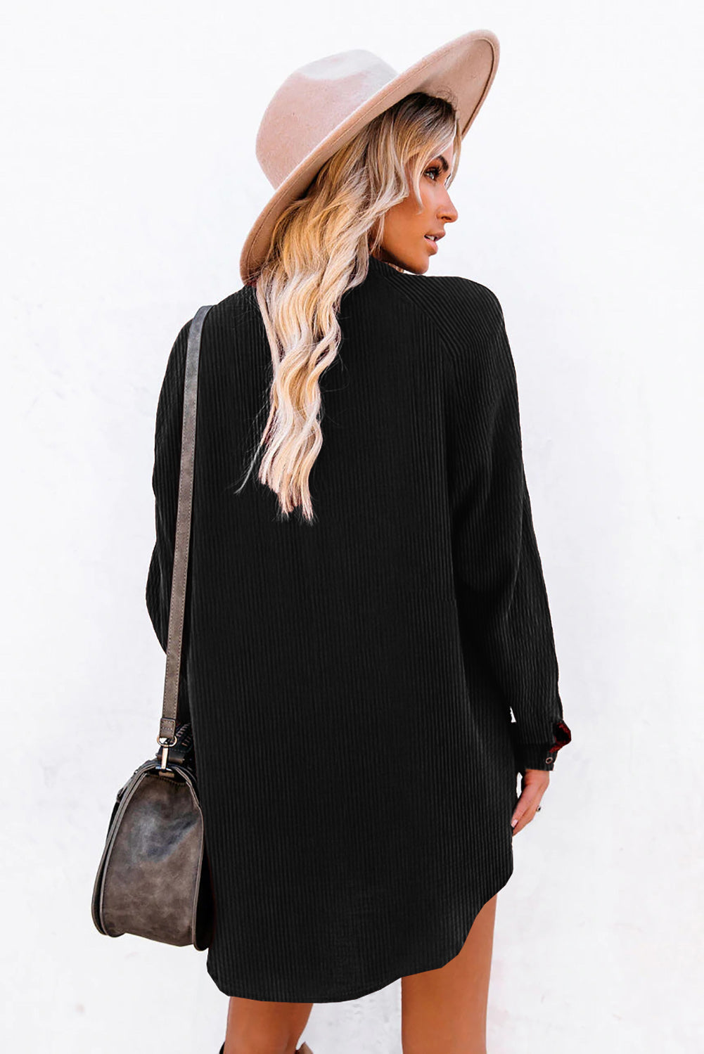 Black Corduroy Shirt Style Full Button Long Sleeve Shift Mini Dress-TOPS / DRESSES-[Adult]-[Female]-2022 Online Blue Zone Planet