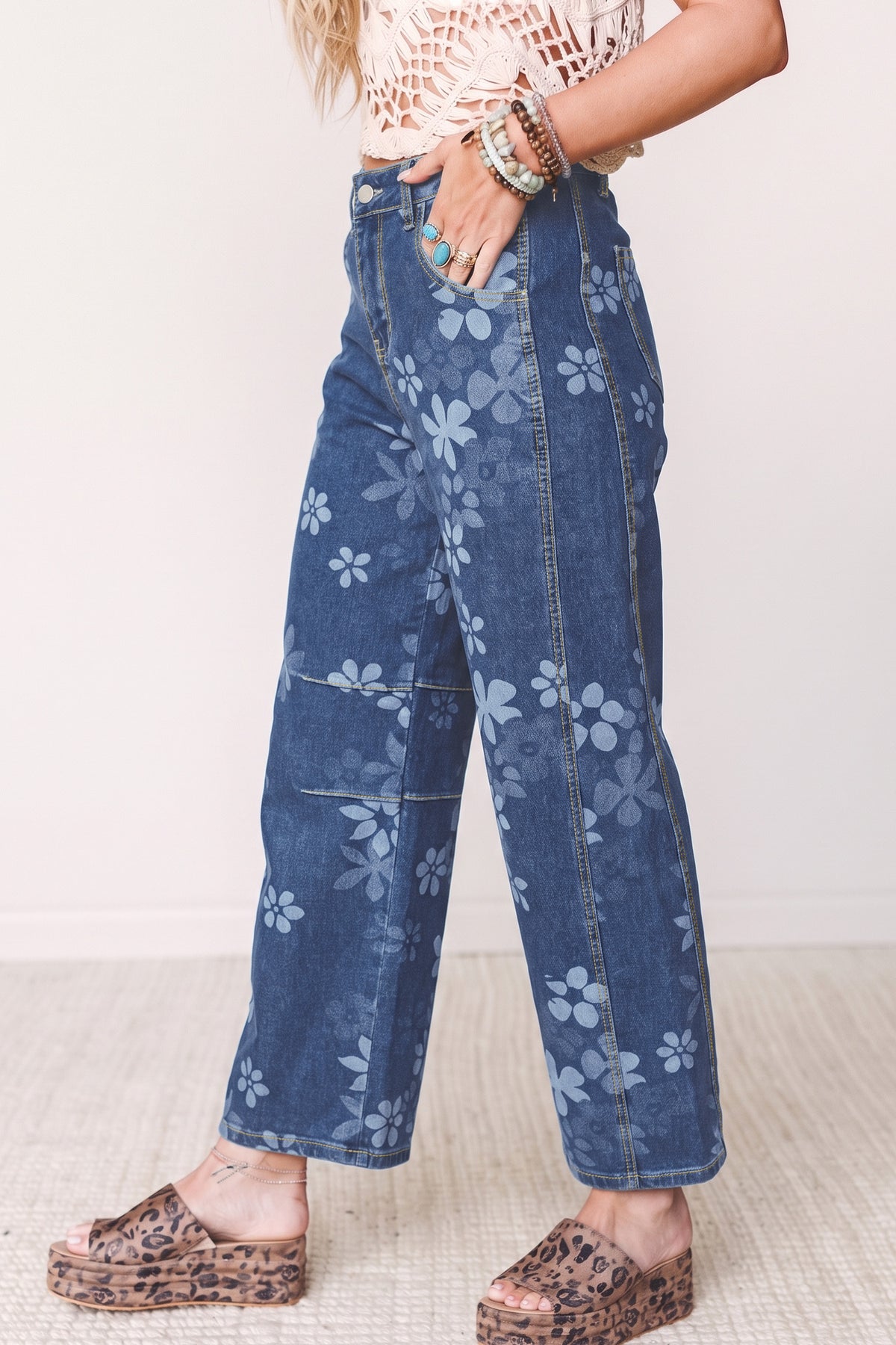 Blue Floral Print Ankle Length Casual Pocket Jeans-Bottoms/Jeans-[Adult]-[Female]-2022 Online Blue Zone Planet