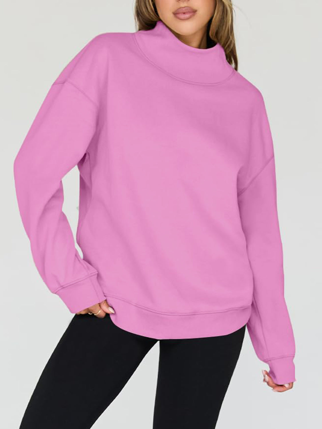 Blue Zone Planet | Mock Neck Drop Shoulder Long Sleeve Sweatshirt-TOPS / DRESSES-[Adult]-[Female]-2022 Online Blue Zone Planet