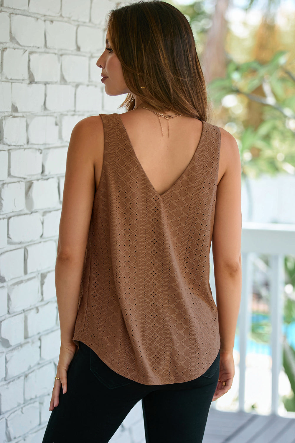 Coffee Eyelet Knit Patterned Loose V Neck Tank Top-Tops/Tank Tops-[Adult]-[Female]-2022 Online Blue Zone Planet