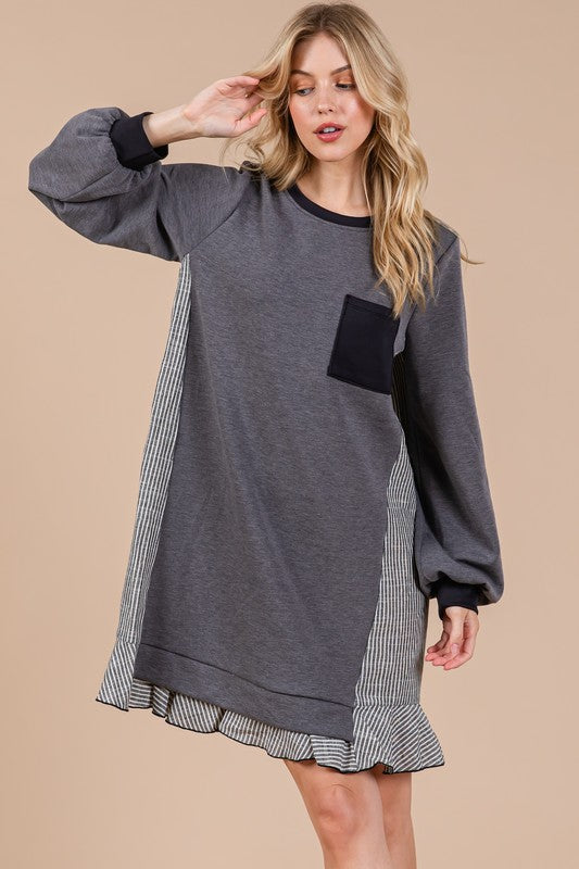 Ces Femme Striped Patchwork Round Neck Terry Sweatshirt Dress-TOPS / DRESSES-[Adult]-[Female]-2022 Online Blue Zone Planet