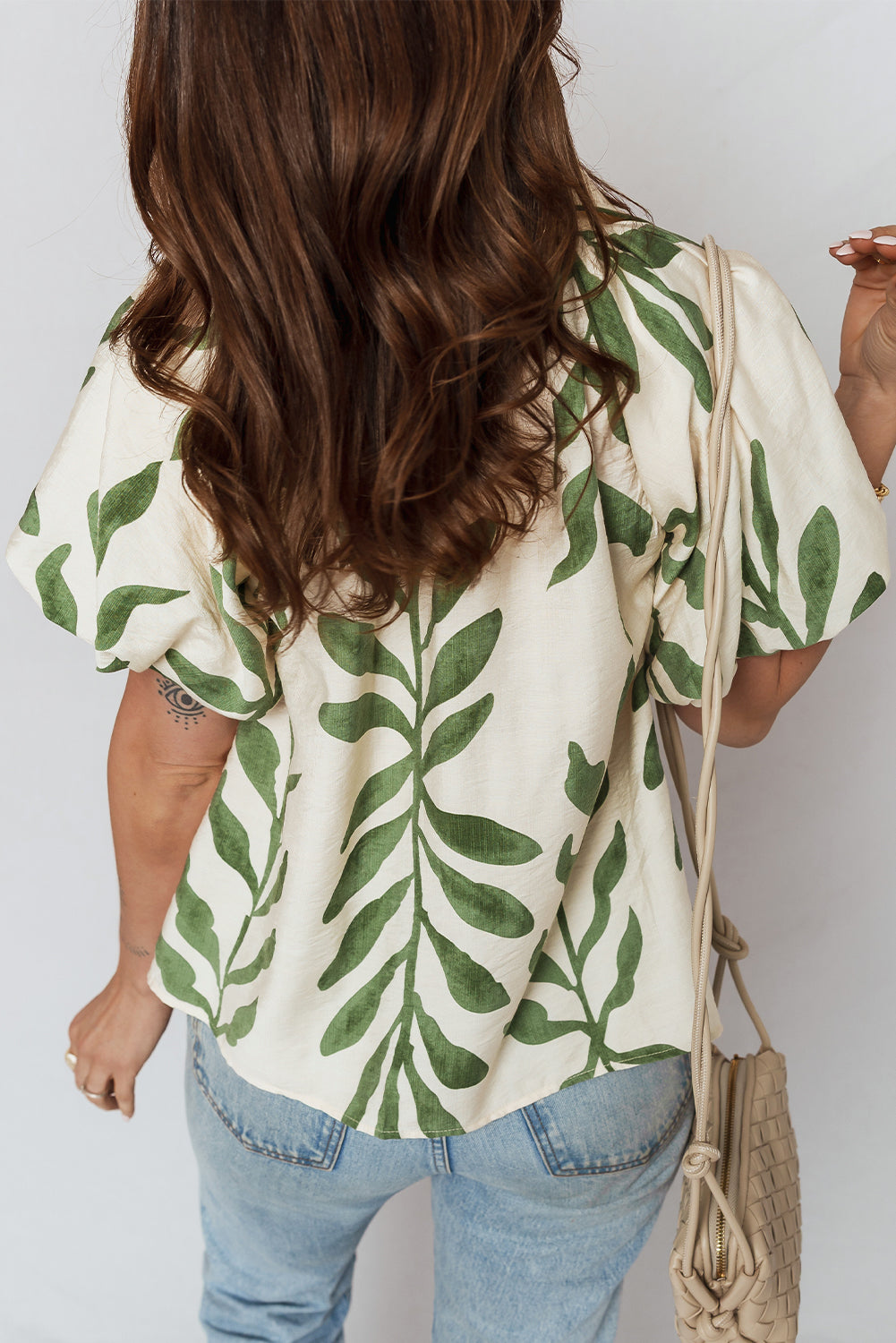 Green Leaf Print Short Balloon Sleeve Shirt-Tops/Blouses & Shirts-[Adult]-[Female]-2022 Online Blue Zone Planet