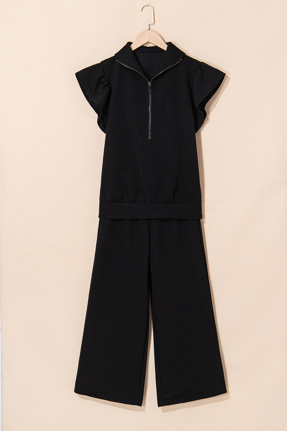 Black Textured Ruffled Sleeve Zipped Top and Wide Leg Pants Set-Two Piece Sets/Pant Sets-[Adult]-[Female]-2022 Online Blue Zone Planet