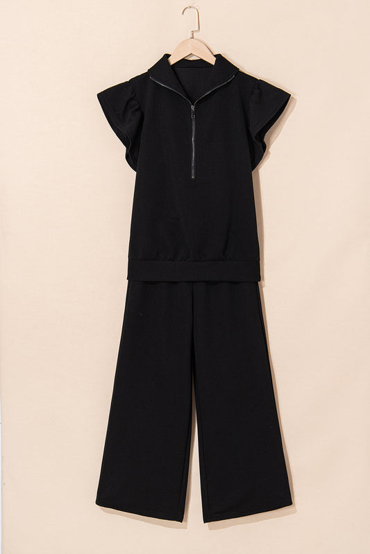 Black Textured Ruffled Sleeve Zipped Top and Wide Leg Pants Set-Two Piece Sets/Pant Sets-[Adult]-[Female]-2022 Online Blue Zone Planet