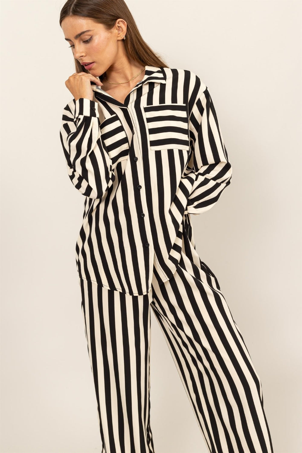 Blue Zone Planet | HYFVE Striped Button Up Shirt and Pants Set-TOPS / DRESSES-[Adult]-[Female]-2022 Online Blue Zone Planet