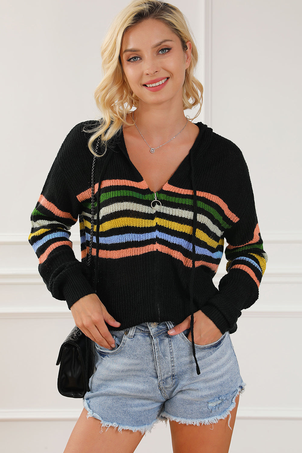 Striped Zip Up Hooded Sweater Cardigan-TOPS / DRESSES-[Adult]-[Female]-2022 Online Blue Zone Planet