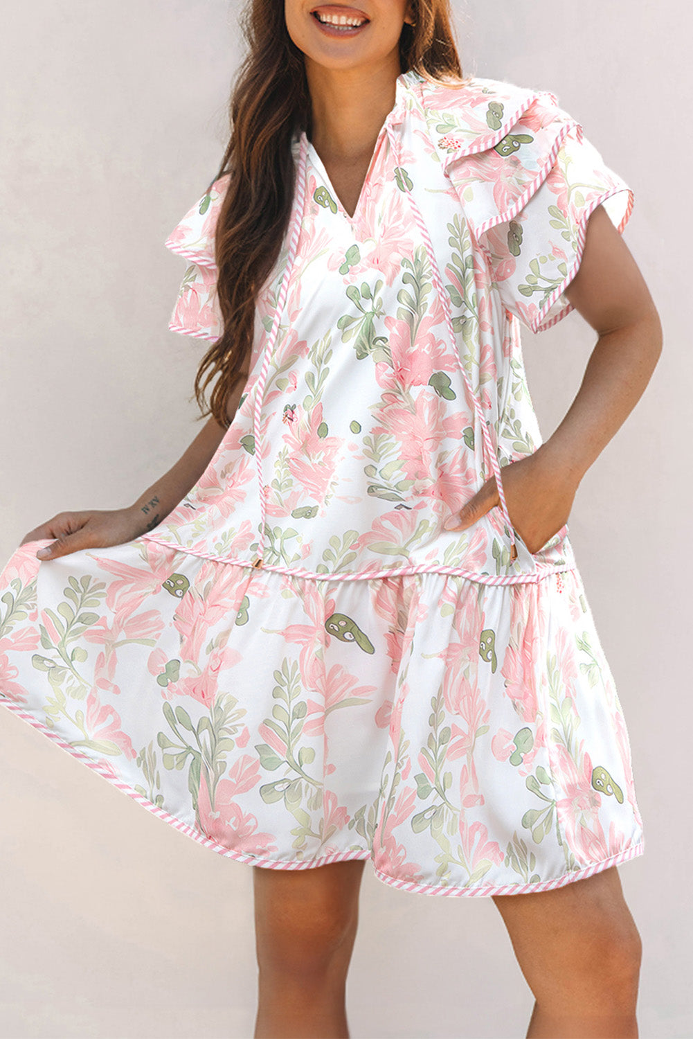 Pink Floral Contrast Edge Layered Short Sleeve Mini Dress-TOPS / DRESSES-[Adult]-[Female]-2022 Online Blue Zone Planet