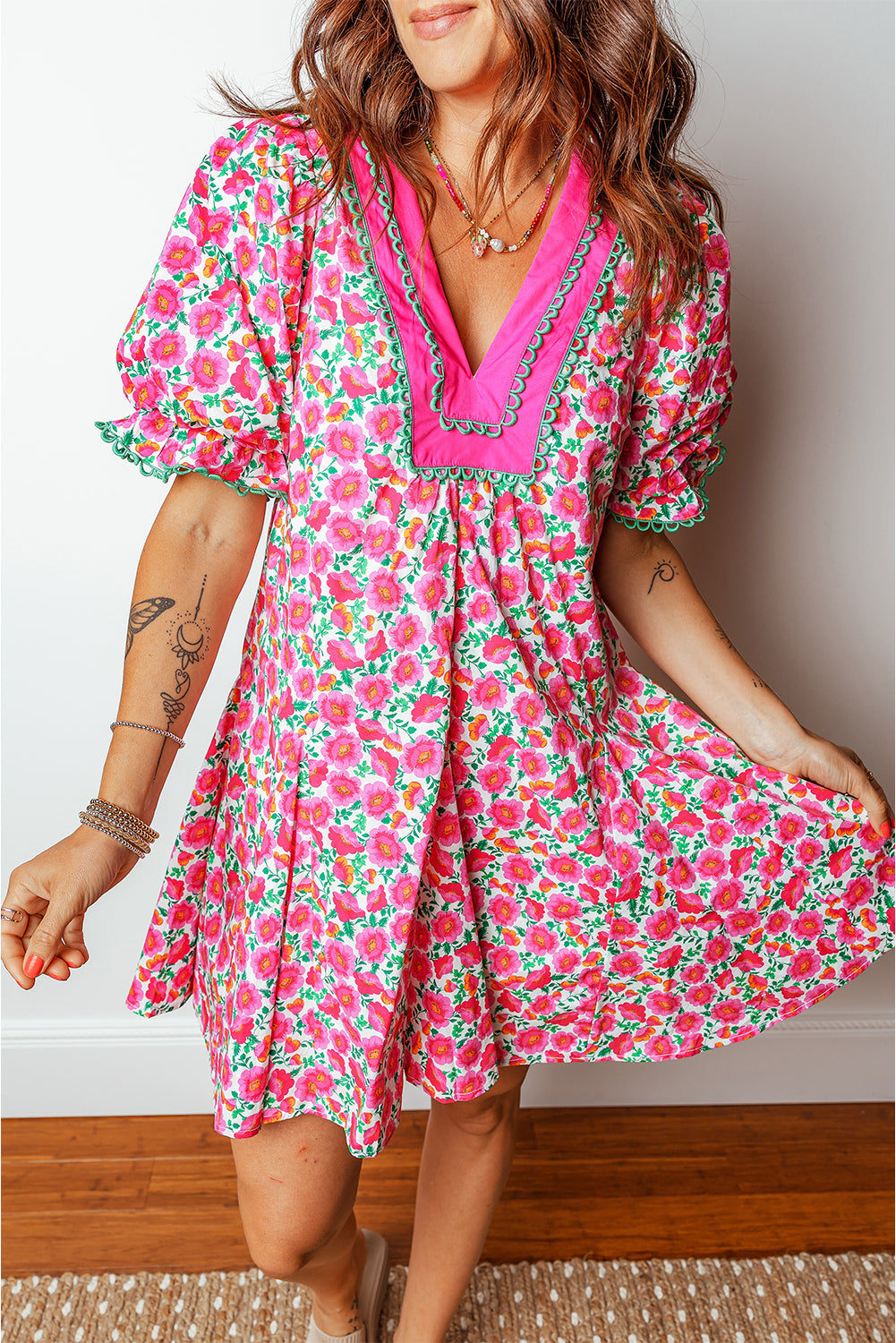 Pink Floral Print V Neck Patchwork Short Bubble Sleeve Mini Dress-Dresses/Floral Dresses-[Adult]-[Female]-2022 Online Blue Zone Planet