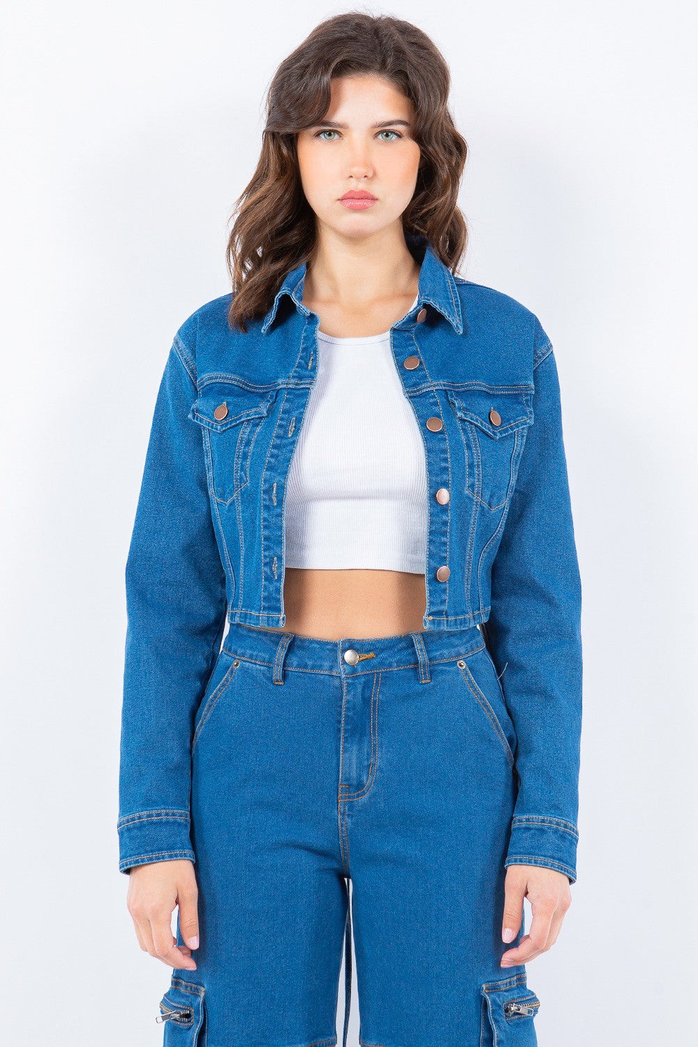 American Bazi Laced Back Cropped Denim Jacket-TOPS / DRESSES-[Adult]-[Female]-Blue-S-2022 Online Blue Zone Planet