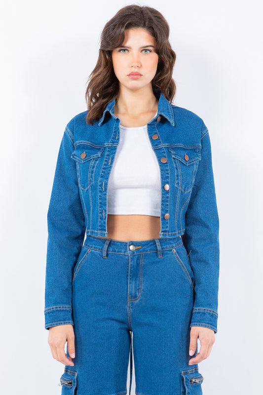 American Bazi Laced Back Cropped Denim Jacket-TOPS / DRESSES-[Adult]-[Female]-Blue-S-2022 Online Blue Zone Planet