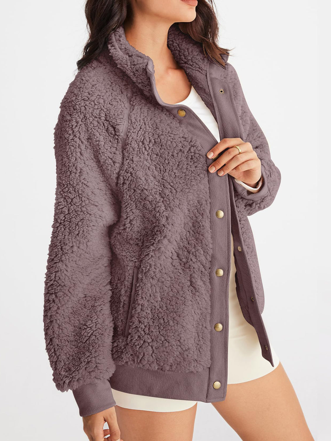 Full Size Teddy Snap Down Long Sleeve Jacket-TOPS / DRESSES-[Adult]-[Female]-Mauve-S-2022 Online Blue Zone Planet