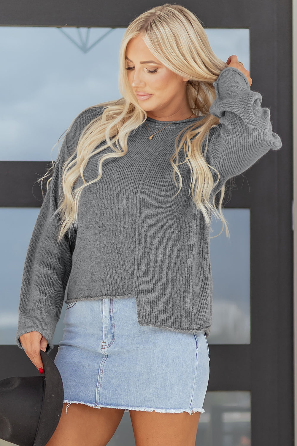 Medium Grey Raw Edge Uneven Hem Patchwork Drop Shoulder Sweater-TOPS / DRESSES-[Adult]-[Female]-2022 Online Blue Zone Planet