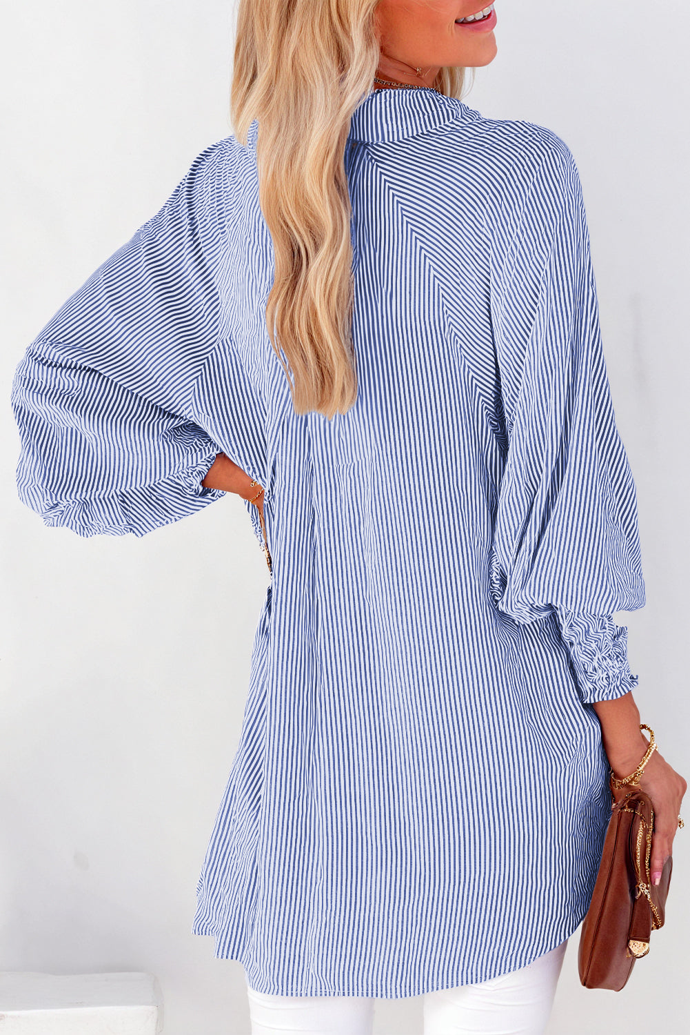 Blue Stripe Smocked Cuffed Striped Boyfriend Shirt With Pocket-Tops/Blouses & Shirts-[Adult]-[Female]-2022 Online Blue Zone Planet