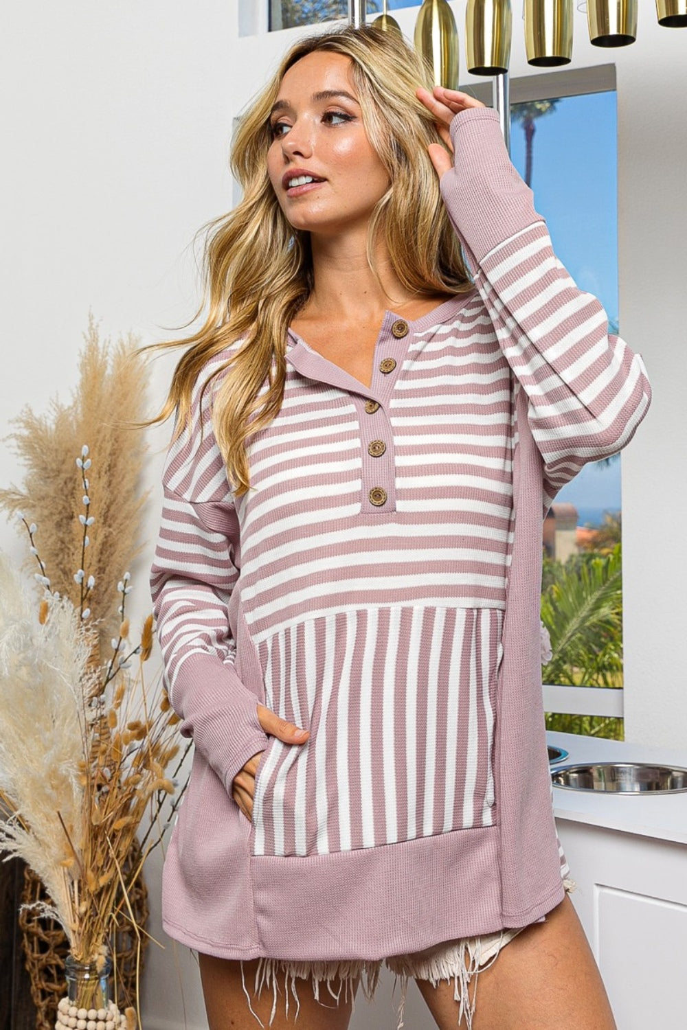 BiBi Striped Thumbhole Long Sleeve Top-TOPS / DRESSES-[Adult]-[Female]-2022 Online Blue Zone Planet