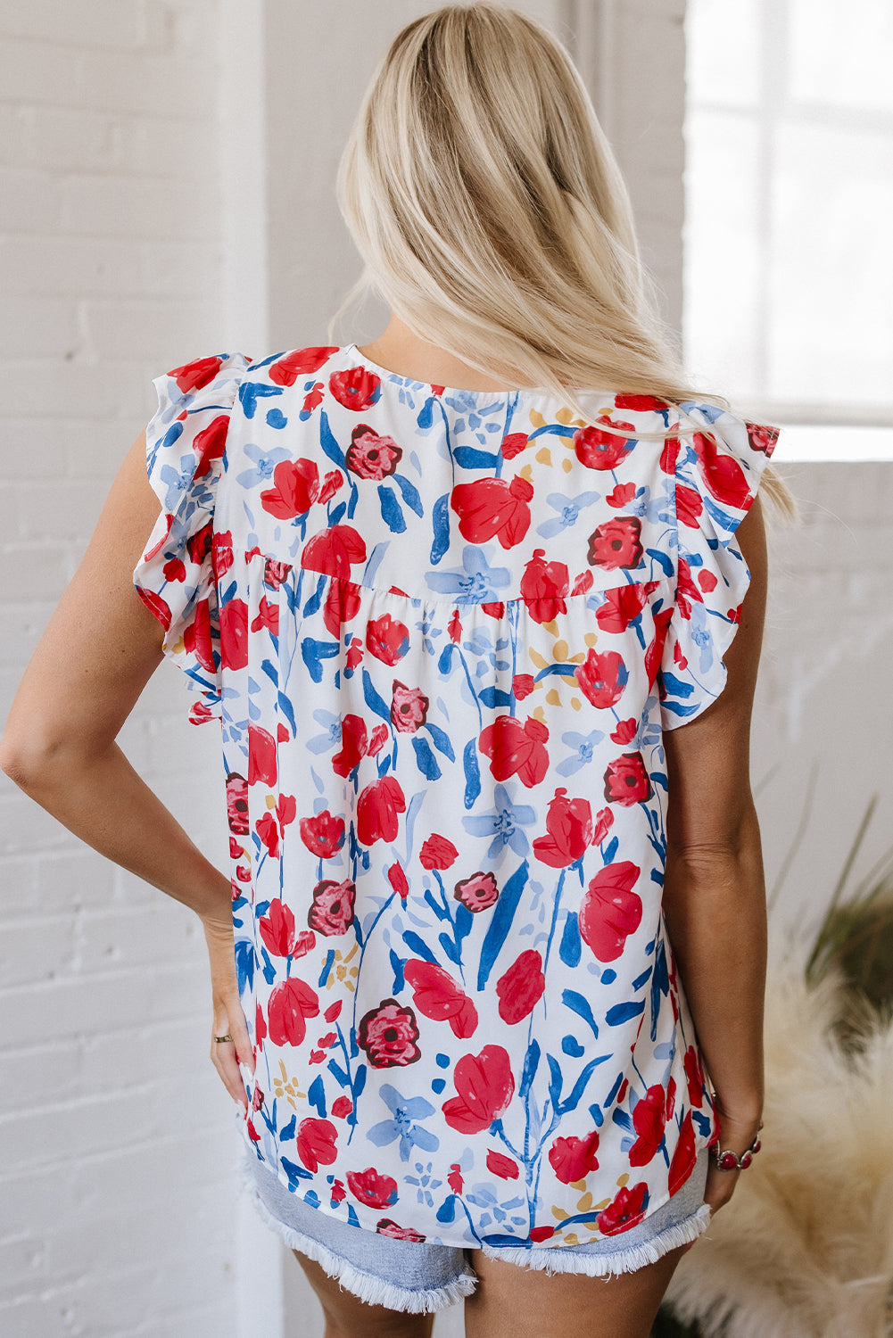 Red Flowers Pintuck Detail V-Neck Ruffled Sleeve Top-Tops/Blouses & Shirts-[Adult]-[Female]-2022 Online Blue Zone Planet
