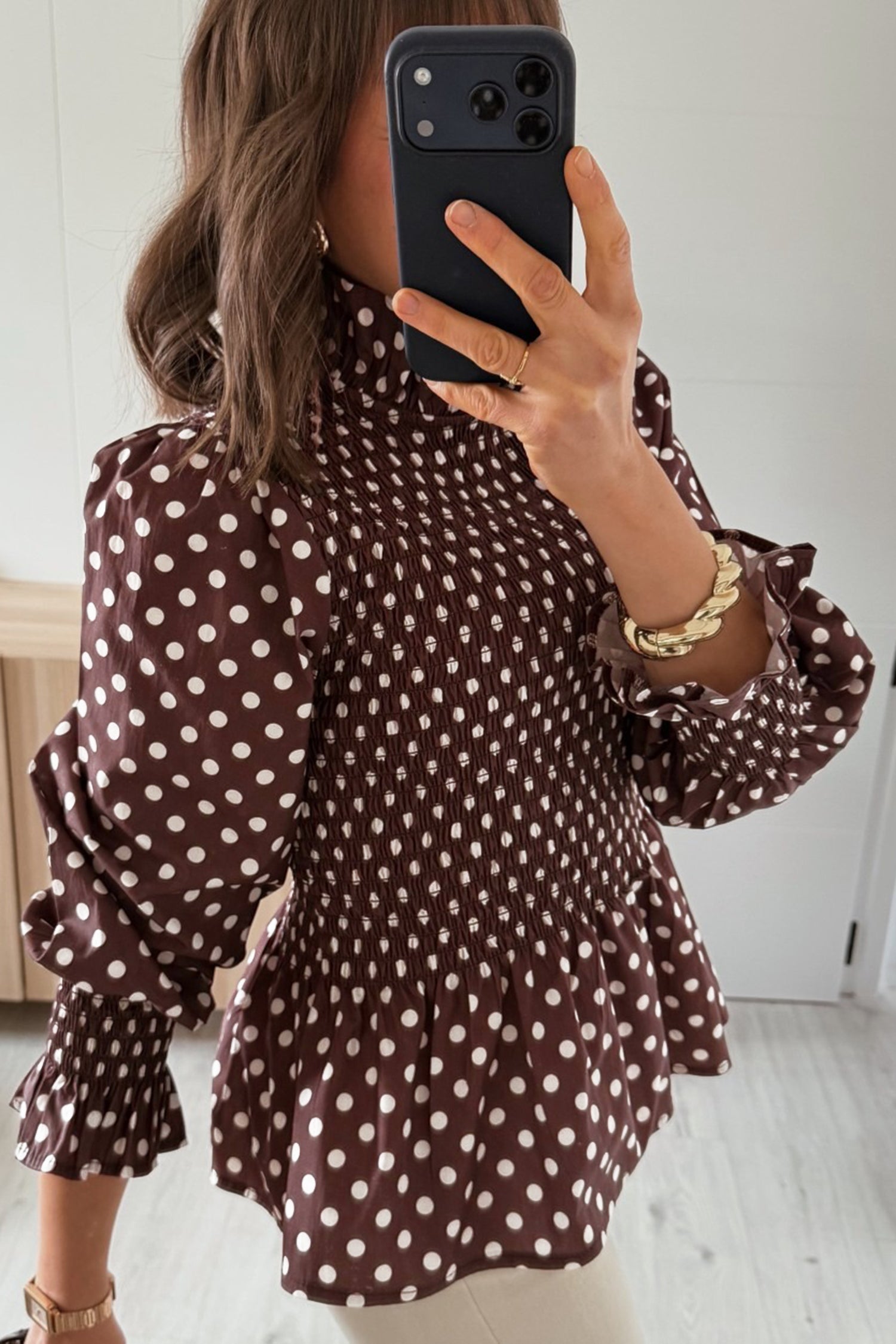 Brown Polka Dot Ruffled High Neck Shirred Ruffle Hem Blouse-Tops/Blouses & Shirts-[Adult]-[Female]-2022 Online Blue Zone Planet