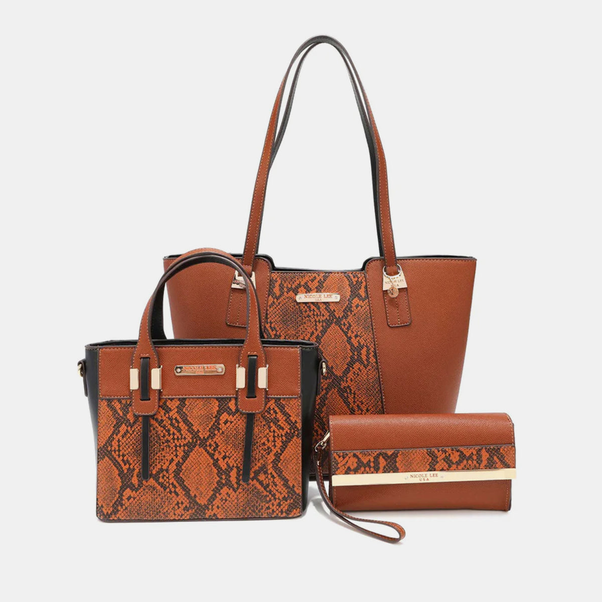 Nicole Lee USA 3-Piece Snake Print Handbag Set-HANDBAGS-[Adult]-[Female]-BROWN-One Size-2022 Online Blue Zone Planet