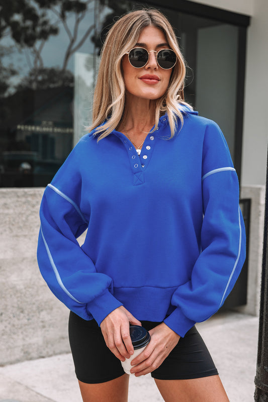 Sky Blue Button up Collared Exposed Seam Chic Sweatshirt-Tops/Sweatshirts & Hoodies-[Adult]-[Female]-Sky Blue-S-2022 Online Blue Zone Planet