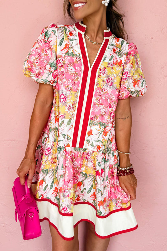 Pink Color Block Floral Print Contrast Trim V Neck Ruffle Hem Mini Dress-TOPS / DRESSES-[Adult]-[Female]-Pink-S-2022 Online Blue Zone Planet
