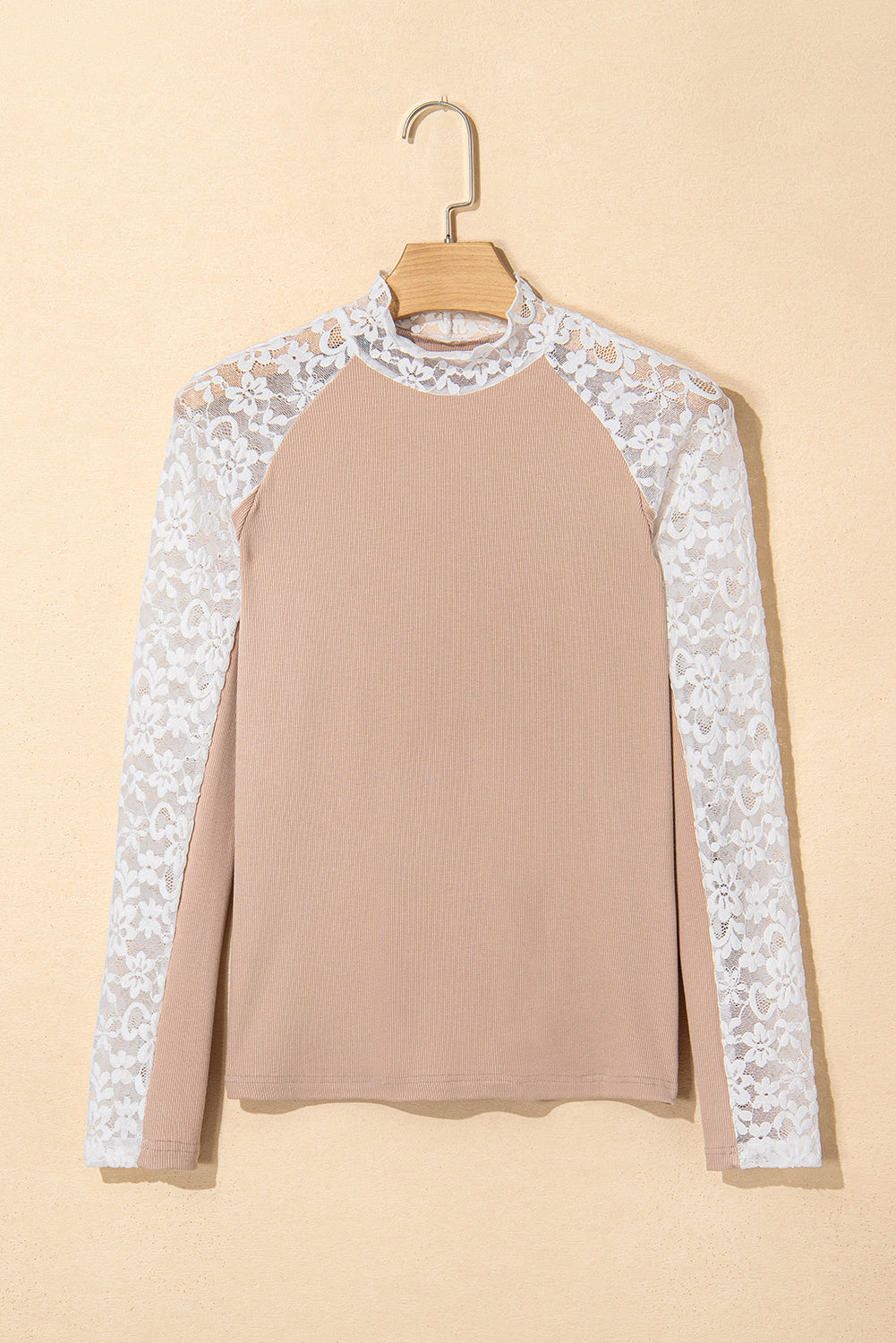 Smoke Gray Floral Lace Patchwork Long Sleeve High Neck Slim Top-Tops/Long Sleeve Tops-[Adult]-[Female]-2022 Online Blue Zone Planet