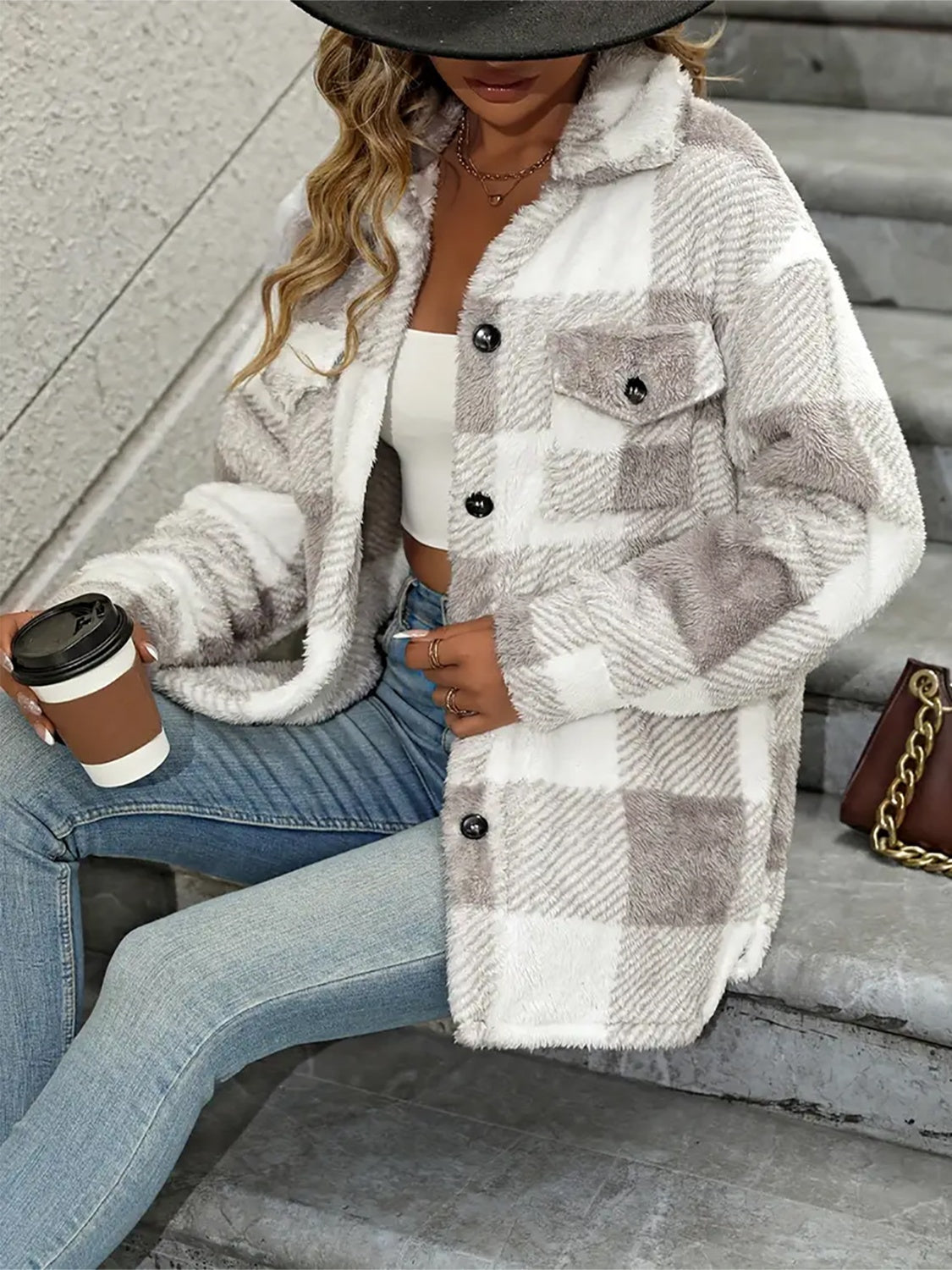 Blue Zone Planet | Plaid Dropped Shoulder Long Sleeve Plush Coat-TOPS / DRESSES-[Adult]-[Female]-2022 Online Blue Zone Planet