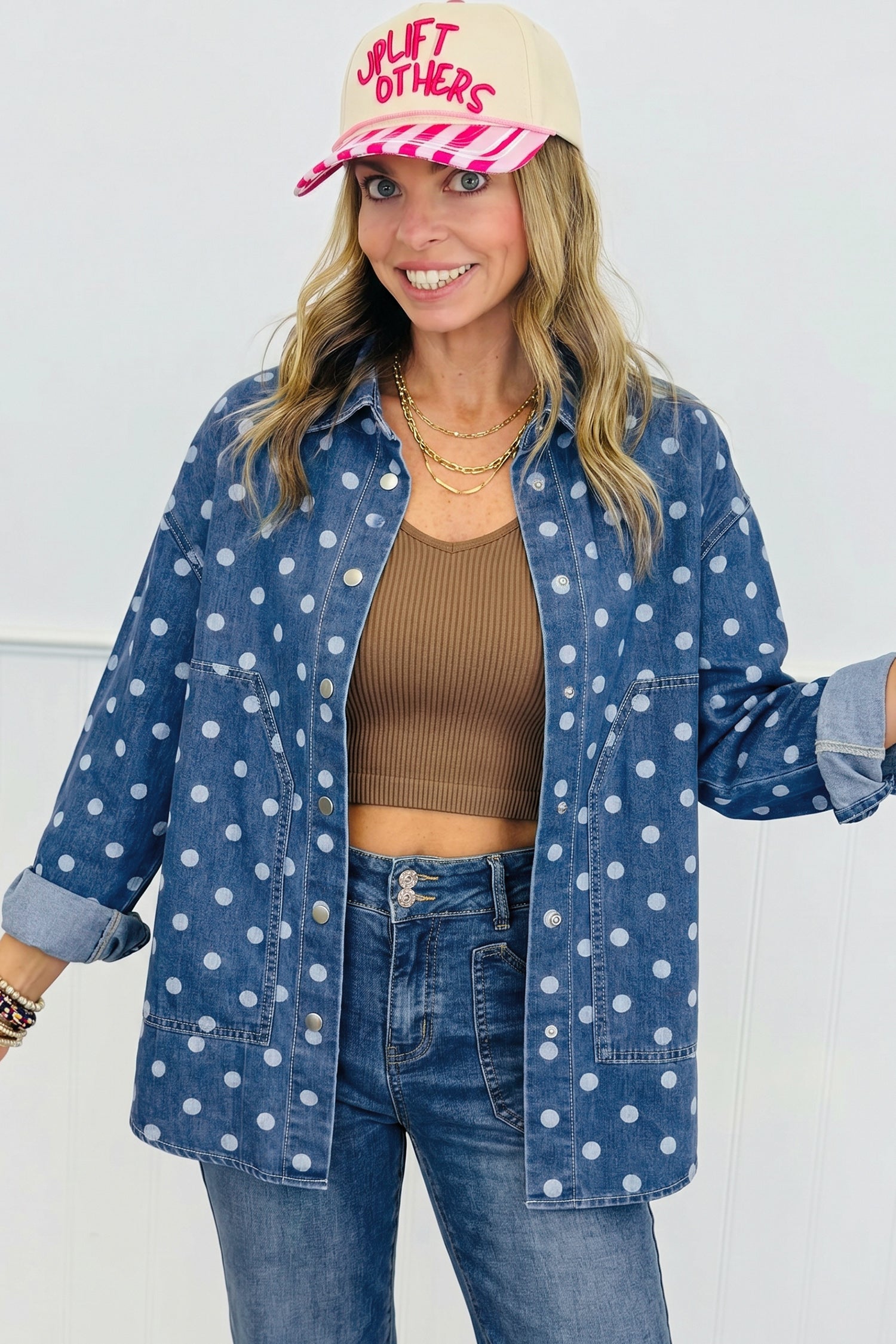Blue Polka Dot Long Sleeve Collar Shift Tunic Denim Jacket-Outerwear/Denim jackets-[Adult]-[Female]-2022 Online Blue Zone Planet