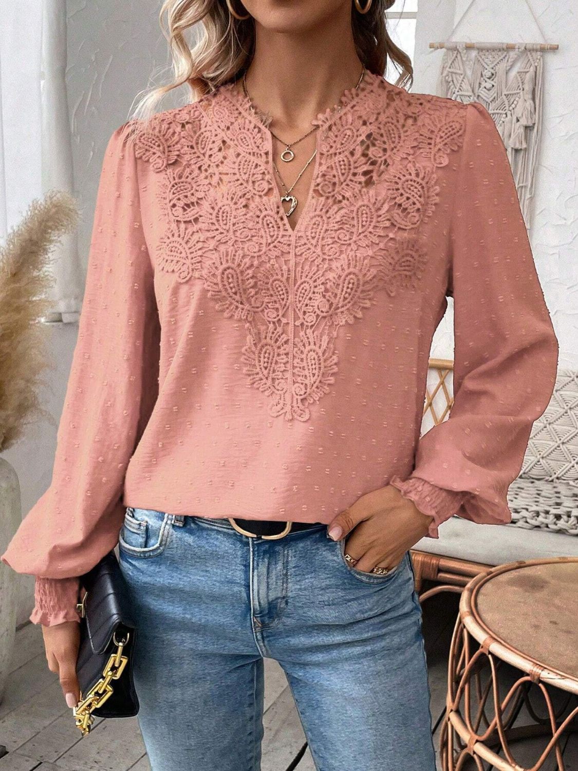 Swiss Dot Lace Detail Notched Long Sleeve Blouse-TOPS / DRESSES-[Adult]-[Female]-2022 Online Blue Zone Planet