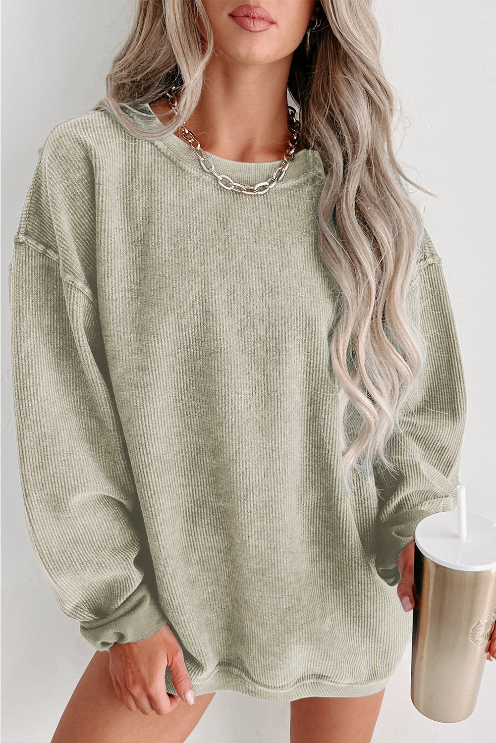 Khaki Solid Ribbed Knit Round Neck Pullover Sweatshirt-Tops/Sweatshirts & Hoodies-[Adult]-[Female]-Green-S-2022 Online Blue Zone Planet