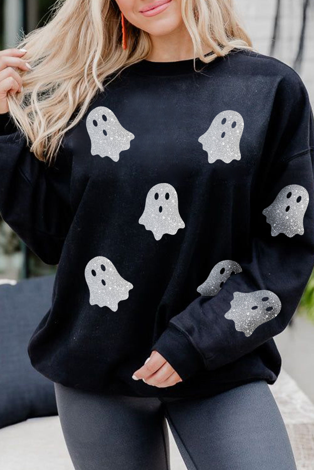 Black Glitter Ghost Pattern Crew Neck Halloween Sweatshirt-Graphic/Graphic Sweatshirts-[Adult]-[Female]-2022 Online Blue Zone Planet