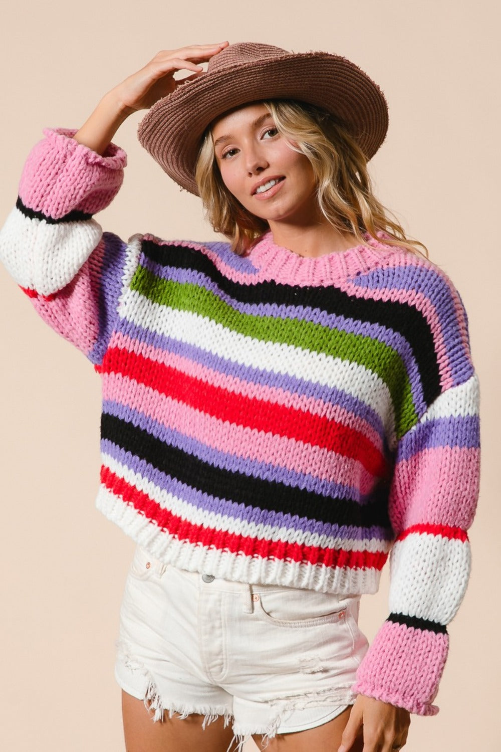 Blue Zone Planet | BiBi Multi Color Striped Cropped Sweater-TOPS / DRESSES-[Adult]-[Female]-Pink/Lavender Multi-S-2022 Online Blue Zone Planet