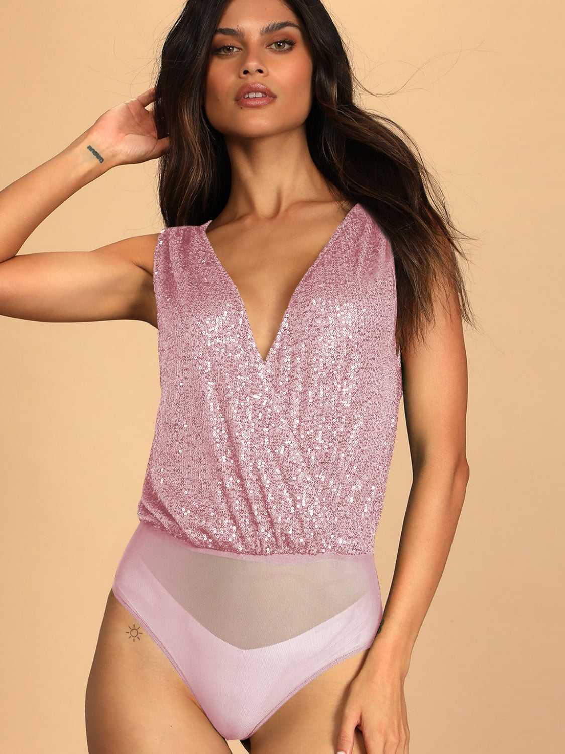 Sequin Surplice Sleeveless Bodysuit-TOPS / DRESSES-[Adult]-[Female]-2022 Online Blue Zone Planet