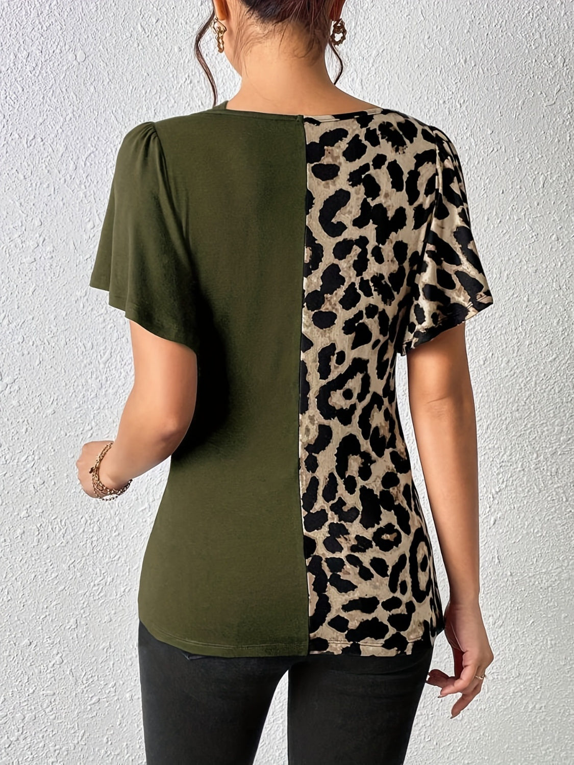 Ruched Leopard Flutter Sleeve T-Shirt-TOPS / DRESSES-[Adult]-[Female]-2022 Online Blue Zone Planet