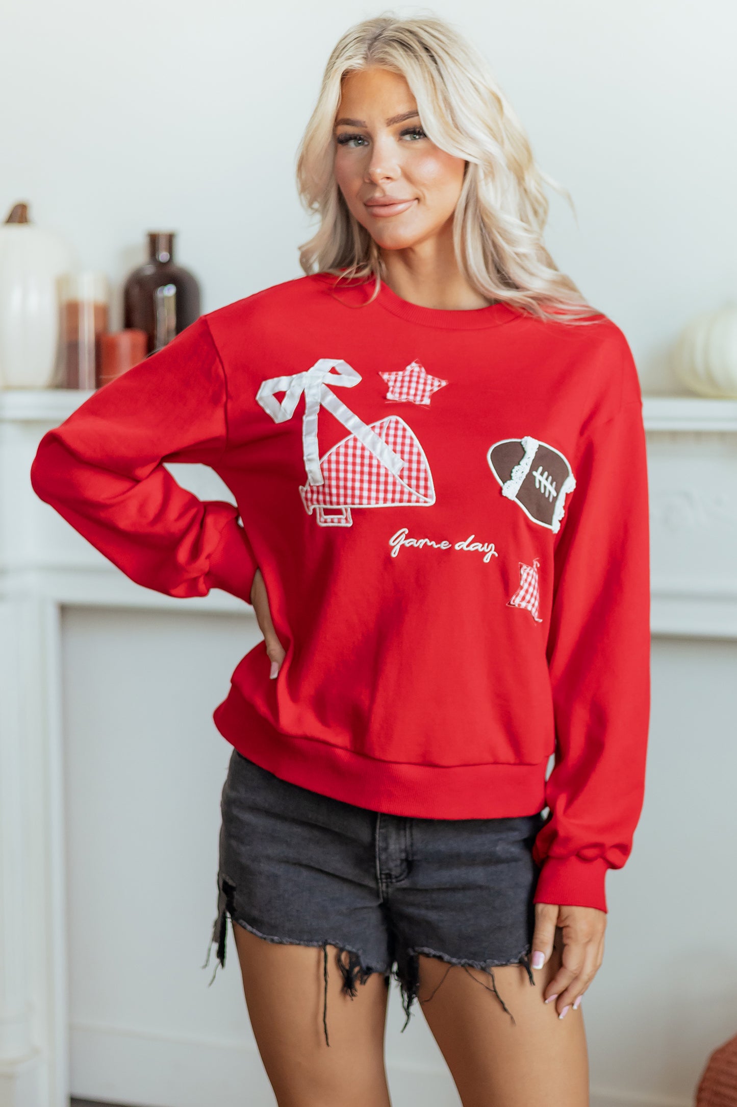 Racing Red Gingham Patch Embroidered Rugby Game Day Stars Sweatshirt-Tops/Sweatshirts & Hoodies-[Adult]-[Female]-2022 Online Blue Zone Planet