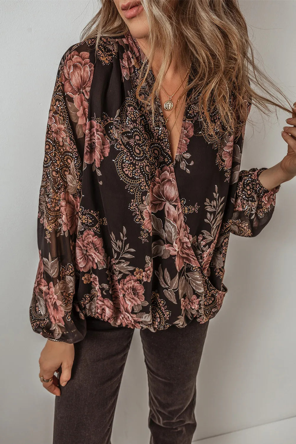 Printed Surplice Long Sleeve Blouse-TOPS / DRESSES-[Adult]-[Female]-2022 Online Blue Zone Planet