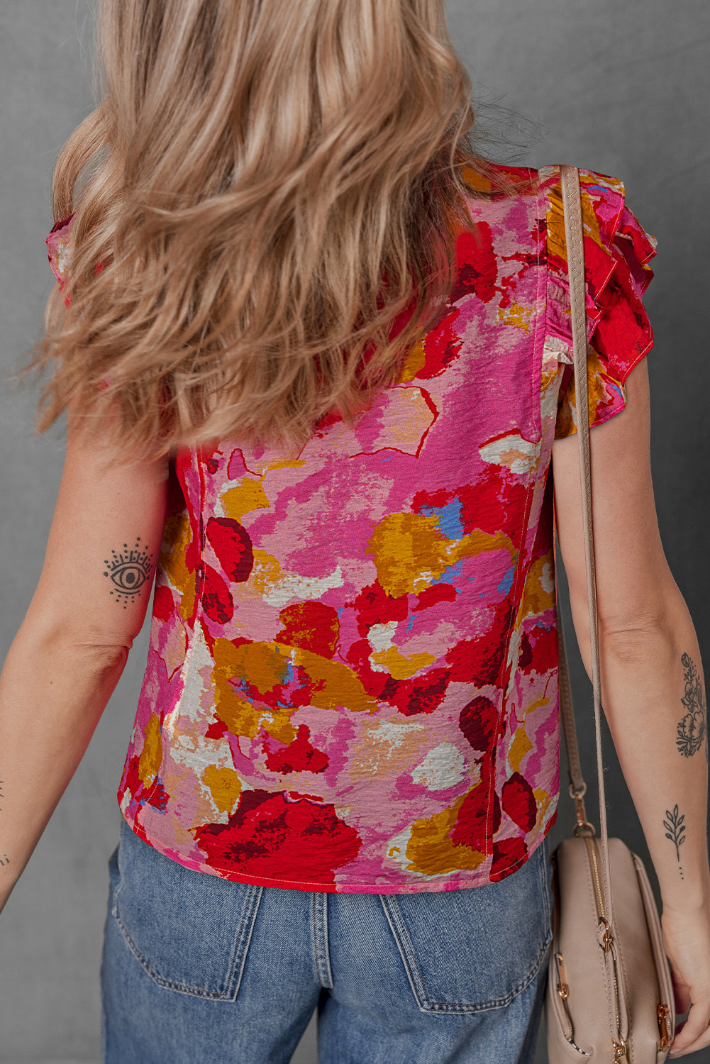 Red Abstract Print Split V Neck Ruffle Short Sleeve Blouse-Tops/Blouses & Shirts-[Adult]-[Female]-2022 Online Blue Zone Planet