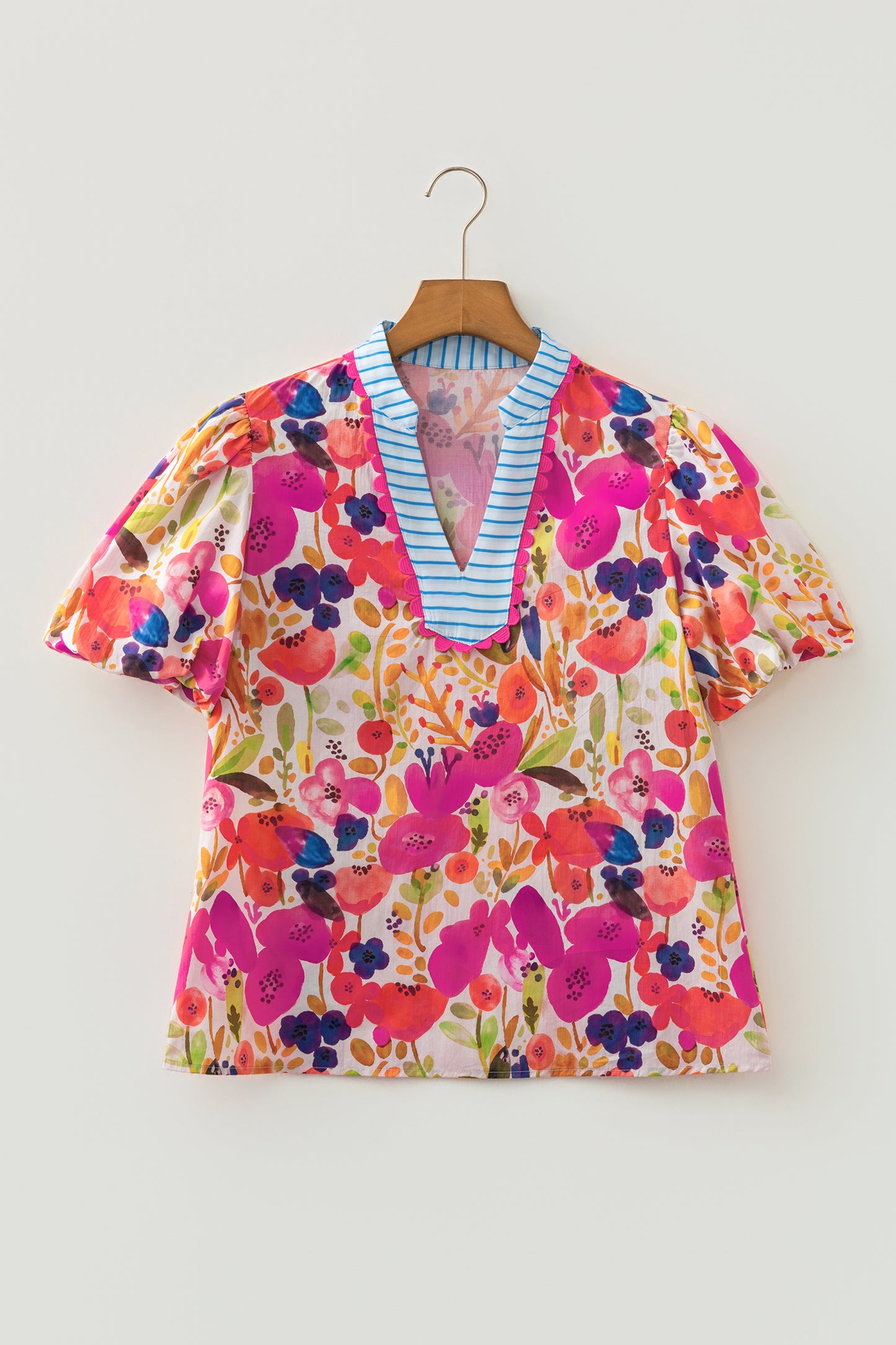 Rose Floral Print V Neck Short Puff Sleeve Cotton Blouse-Tops/Blouses & Shirts-[Adult]-[Female]-2022 Online Blue Zone Planet