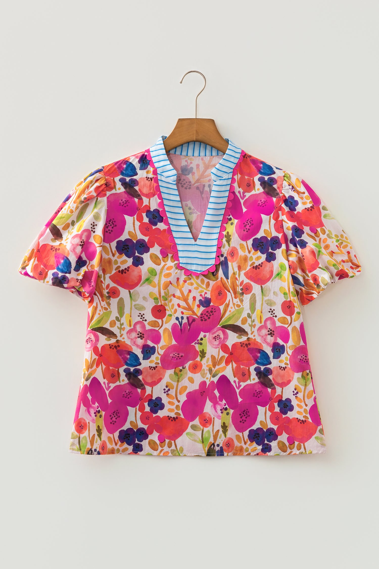 Rose Floral Print V Neck Short Puff Sleeve Cotton Blouse-Tops/Blouses & Shirts-[Adult]-[Female]-2022 Online Blue Zone Planet