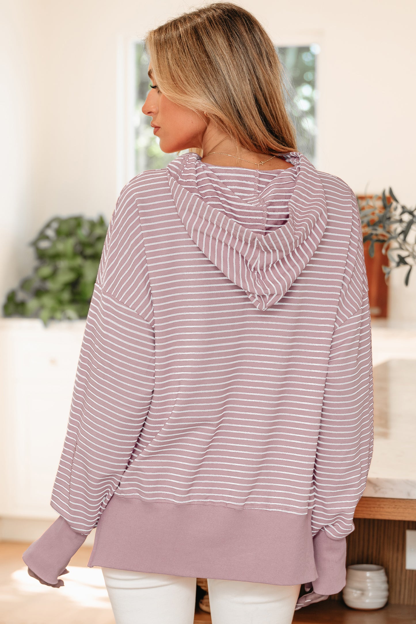 Purple Stripe Thumbhole Side Slits Drop Shoulder Loose Fit Hoodie-Tops/Sweatshirts & Hoodies-[Adult]-[Female]-2022 Online Blue Zone Planet