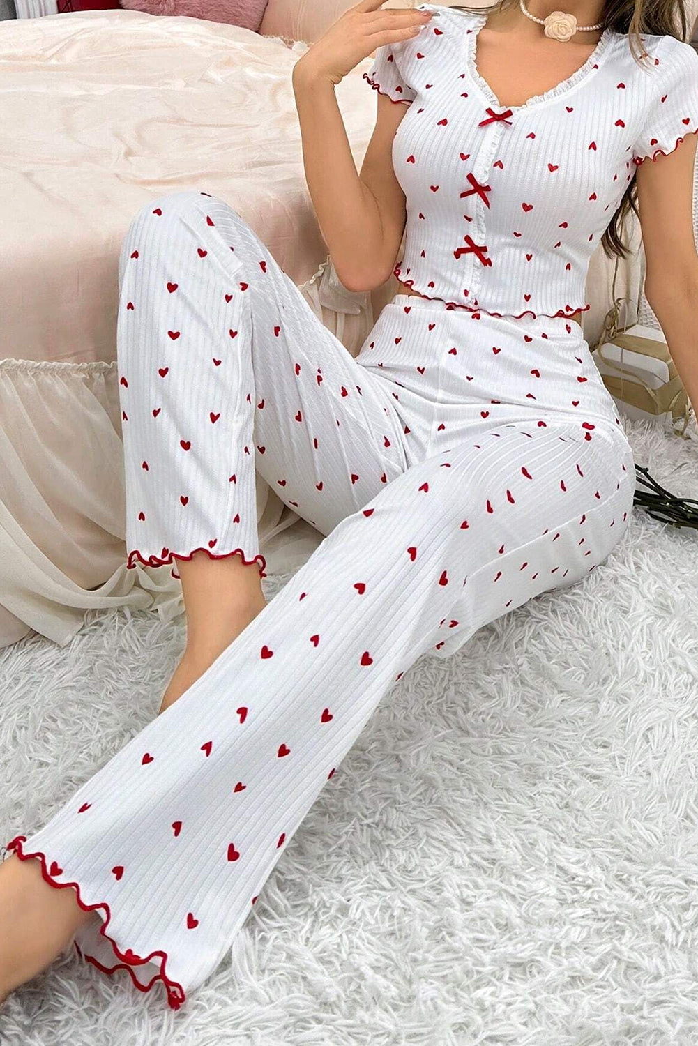 White Valentines Heart Pattern Tee and Pants Pajama Set-Loungewear Set-[Adult]-[Female]-White-S-2022 Online Blue Zone Planet